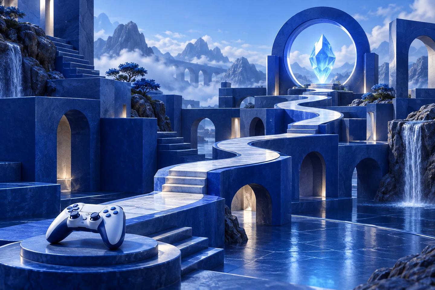 A path through a blue game world towards a reward crystal