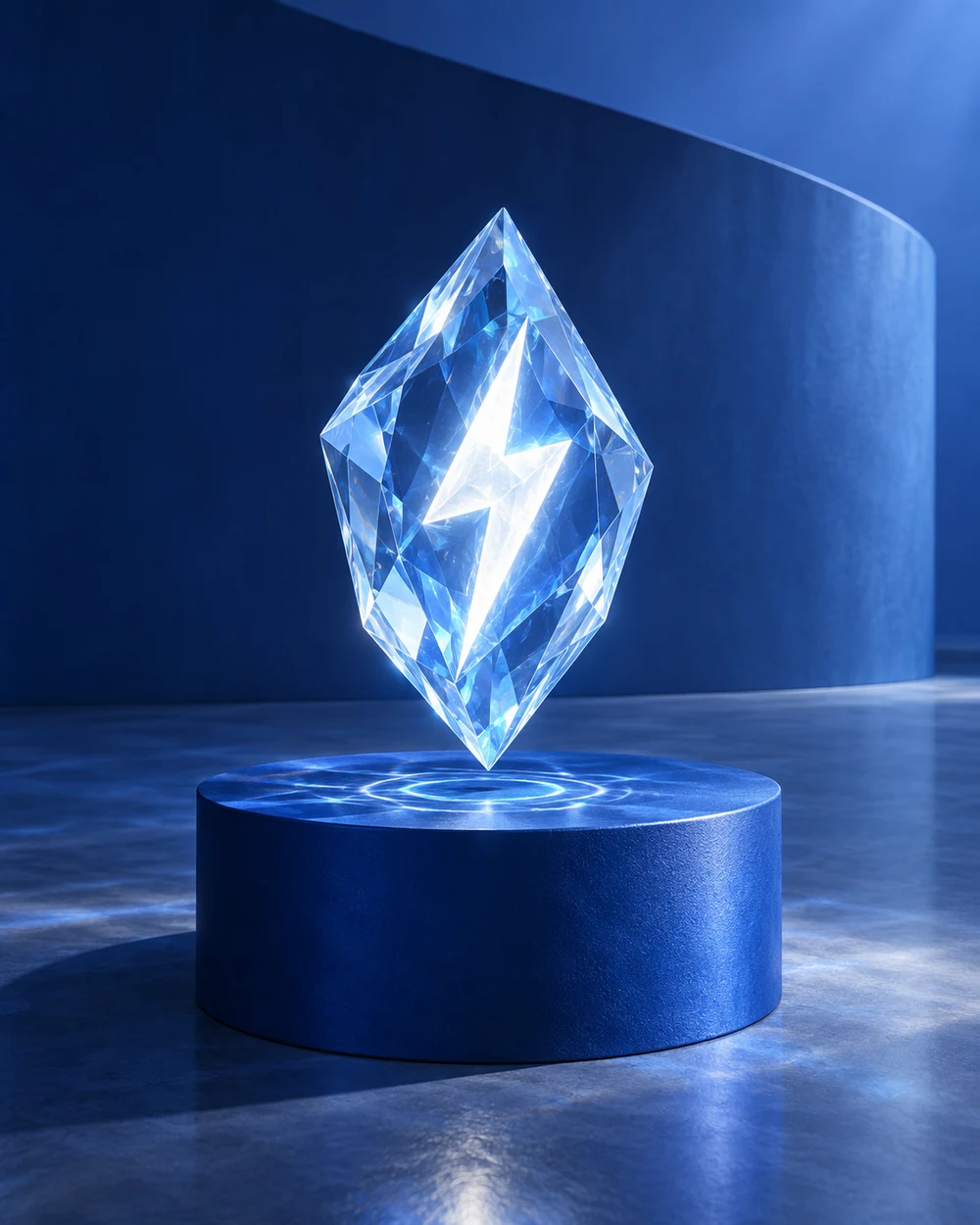 A faceted blue reward crystal suspended above a sculptural blue pedestal